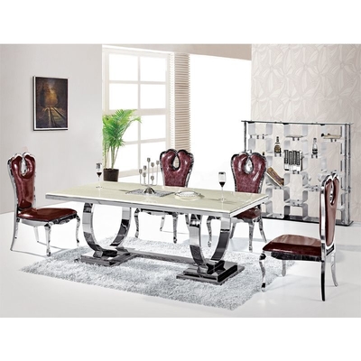 Srebrny stół do jadalni 150X90X75 Luxury Comfort 6-osobowy blat ze szkła hartowanego