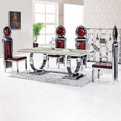 Srebrny stół do jadalni 150X90X75 Luxury Comfort 6-osobowy blat ze szkła hartowanego