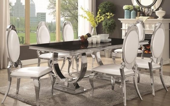 Srebrny stół do jadalni 150X90X75 Luxury Comfort 6-osobowy blat ze szkła hartowanego