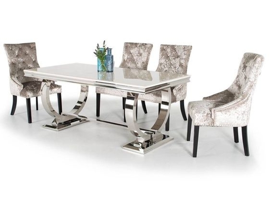 Srebrny stół do jadalni 150X90X75 Luxury Comfort 6-osobowy blat ze szkła hartowanego