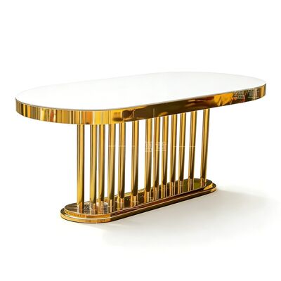 Dobra cena Hurtownia mebli ślubnych złota owalna rama ze stali nierdzewnej biały szklany blat długi stół jadalny hotelowy stół na wesele w Internecie