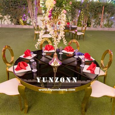 Dobra cena Luksusowy nowoczesny stół jadalniany ze stali nierdzewnej ze szklanym blatem na wesele plenerowe, hotel, przyjęcie, bankiet, okrągły design w Internecie