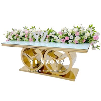 Dobra cena Nowoczesny złoty prostokątny stół jadalny z bazą Benz Luksusowe meble ślubne na imprezy zewnętrzne i hotelowe Szkło/MDF w Internecie