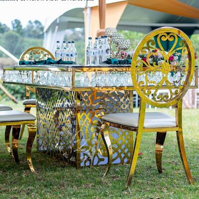 Dobra cena Luksusowy hotelowy stół jadalny ze stali nierdzewnej i kryształowego wisiorka, złote szkło, na wesela i imprezy, do restauracji i bankietów w Internecie