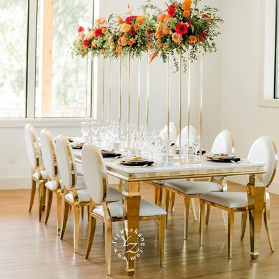 Dobra cena Nowoczesny złoty stół jadalniany ze stali nierdzewnej i lustrzanego szkła, do hoteli, wesel, przyjęć, imprez plenerowych, na bankiety w Internecie
