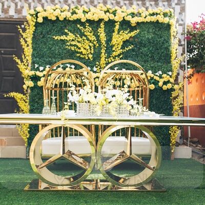 Dobra cena Nowoczesny stalowy stół weselny do jadalni, nowe meble hotelowe zewnętrzne ze szkłem i MDF na imprezy i wydarzenia w Internecie