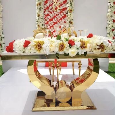 Dobra cena Nowoczesny złoty stół weselny ze stali nierdzewnej do bankietów, hoteli, przyjęć, jadalni, salonów, użytku zewnętrznego w Internecie