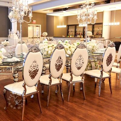 Dobra cena Nowoczesne złoto ze stali nierdzewnej owalne krzesło z skórą do jadalni Hotel i ślub Styl współczesny do mieszkania w Internecie